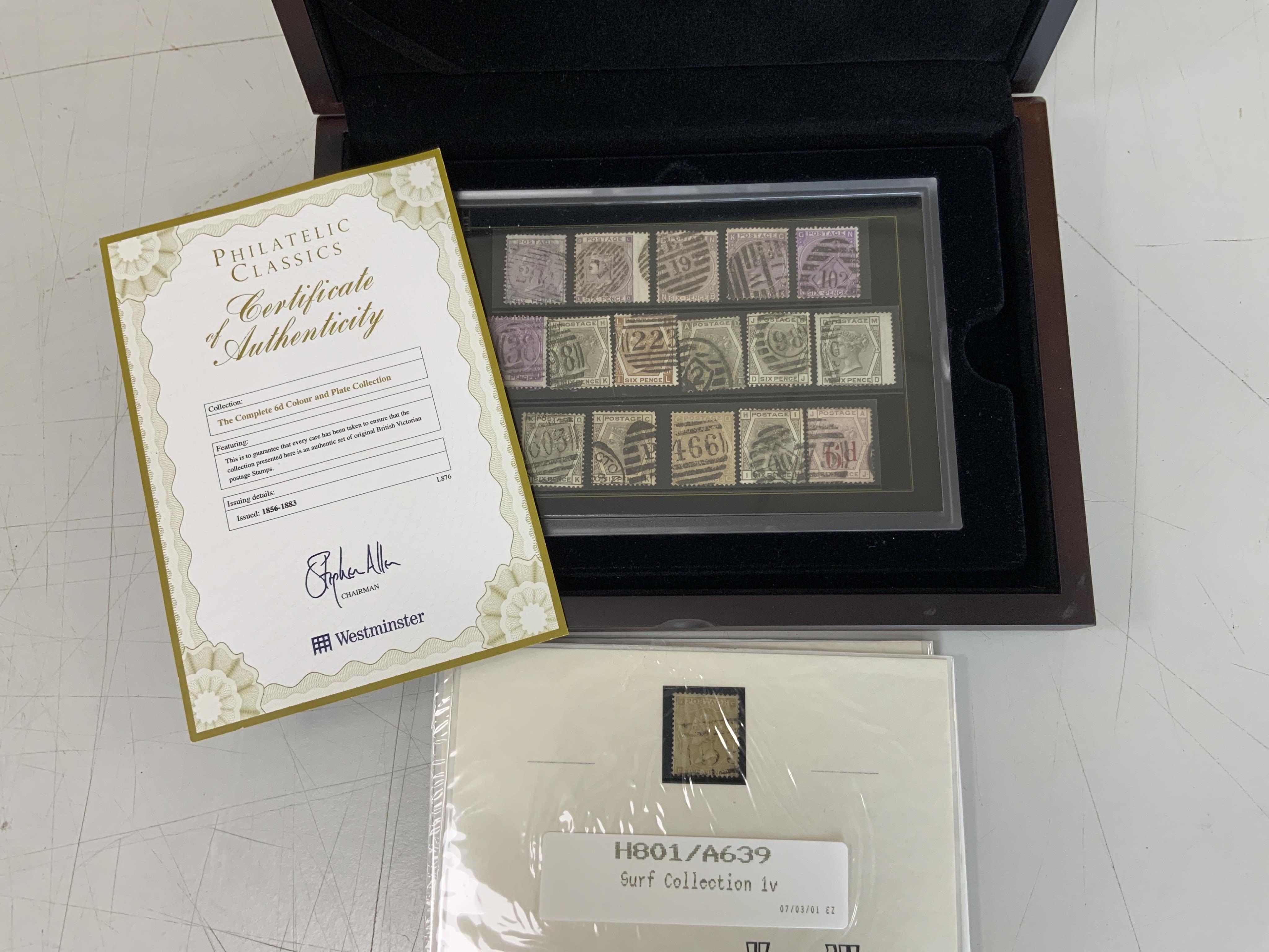 A cased set of The Complete 6d Colour and Plate Collection, issued by Westminster Philatelic Classics, together with a Penny Black with red postmark, a 5 Shilling stamp, etc.